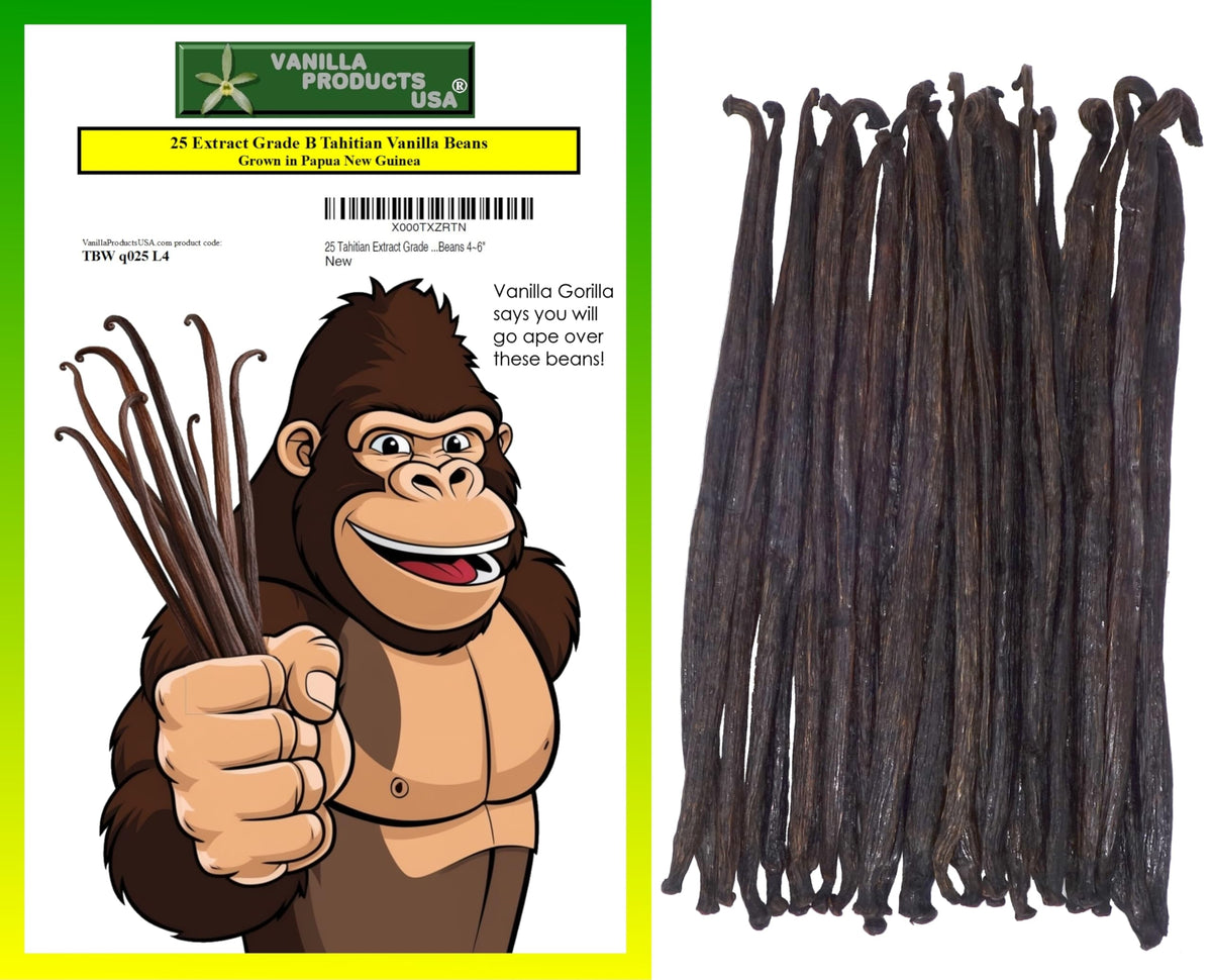Vanilla Products USA 25 Tahitian extract-grade vanilla beans in PNG packaging; rich aroma.