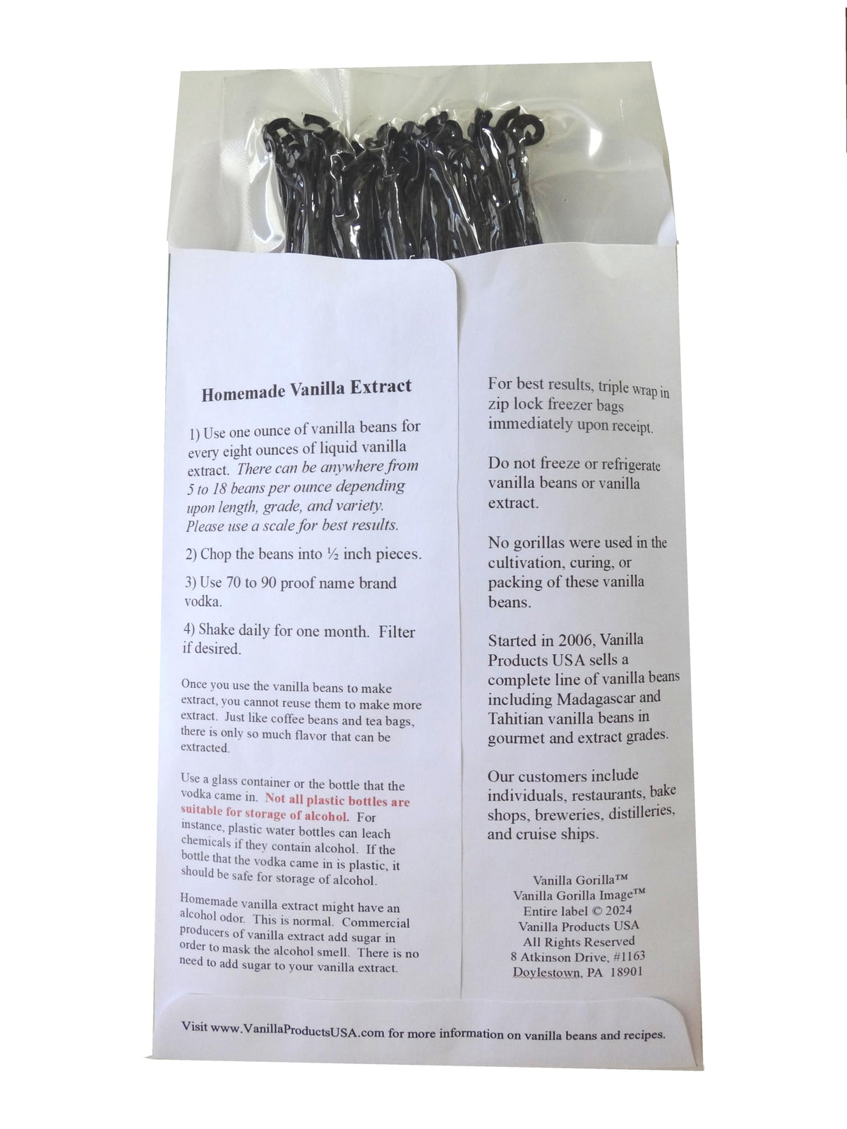 Vanilla Products USA vacuum-packed vanilla beans preserve aroma and freshness.
