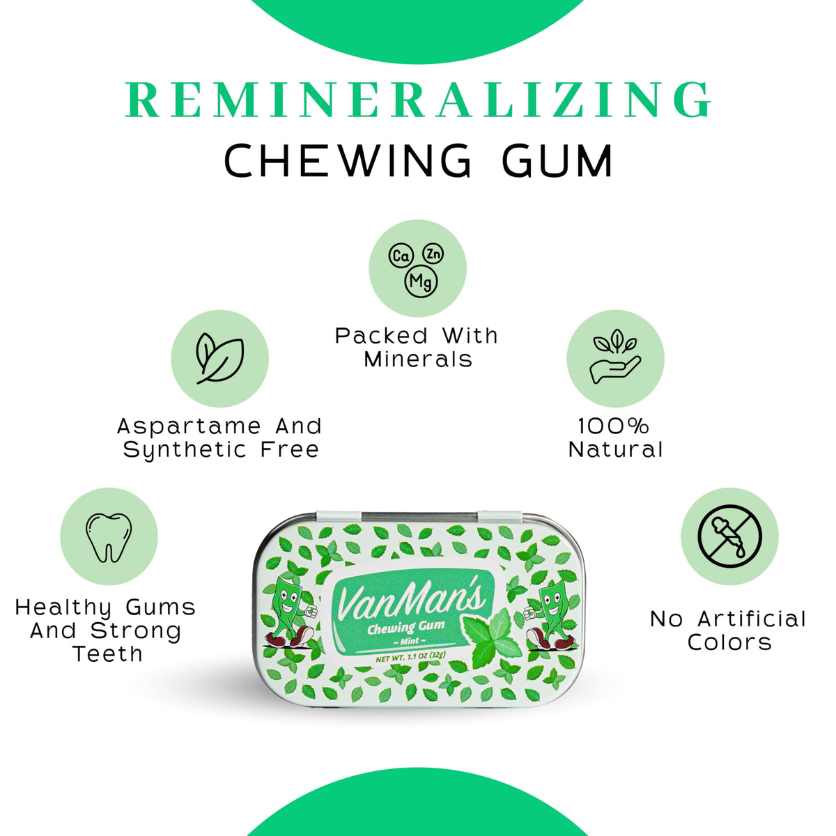 The VanMan hydroxyapatite crystals highlight enamel-friendly minerals for daily chewing.