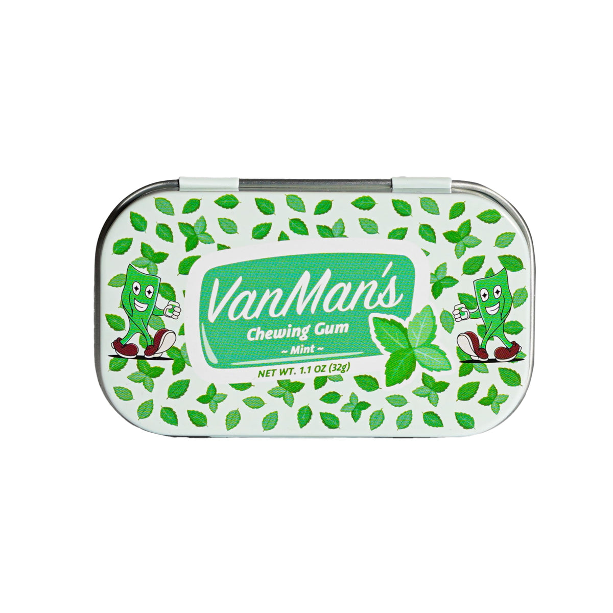 The VanMan packaging tube shows remineralizing gum for on-the-go enamel support and fresh breath.