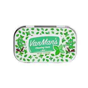 The VanMan packaging tube shows remineralizing gum for on-the-go enamel support and fresh breath.