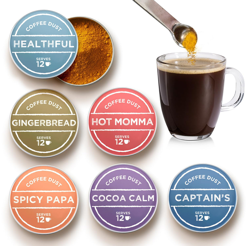 Vashon Coffee Dust sampler packaging shows six natural flavors for everyday use.