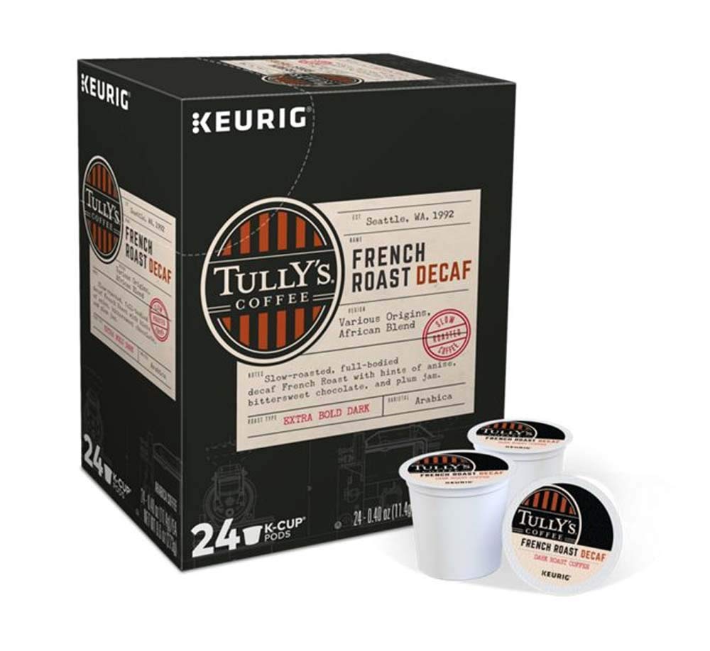 Veeiid Keurig pods featuring Tully's French Roast Decaf Extra Bold for bold mornings.