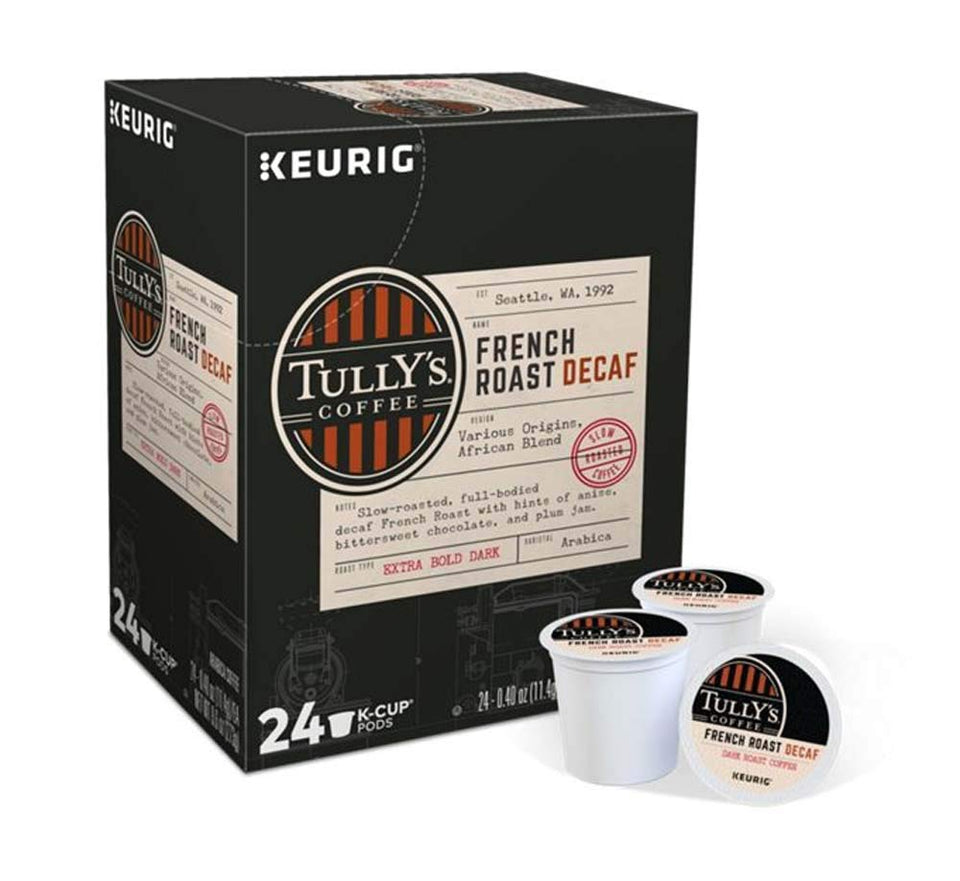 Veeiid Keurig pods featuring Tully's French Roast Decaf Extra Bold for bold mornings.