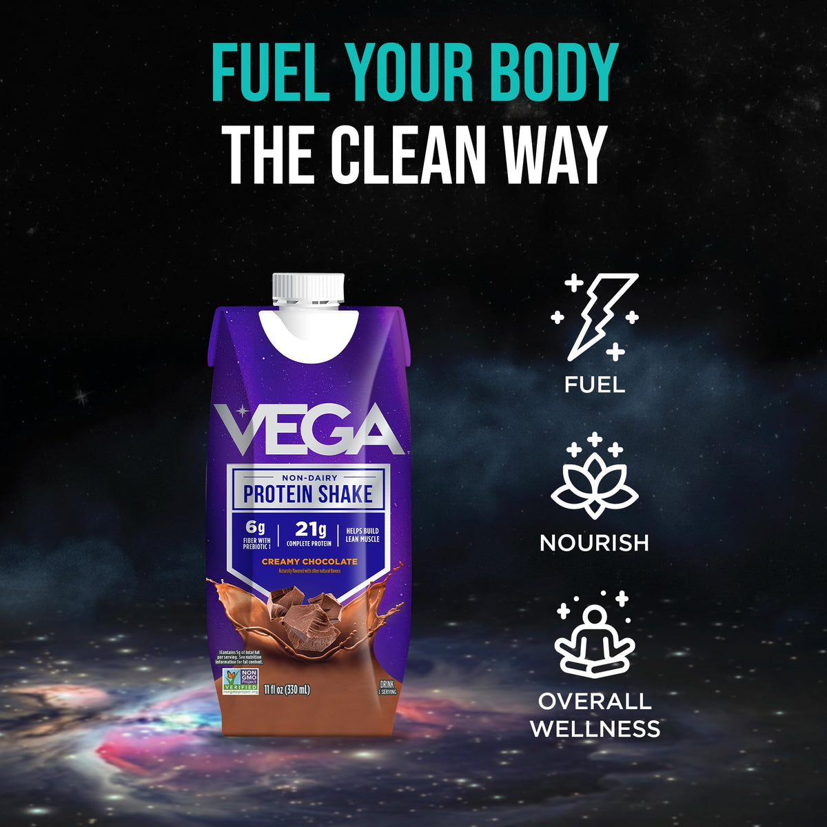 Vega Ready-to-Drink shake being poured into glass suggests convenient post-workout recovery