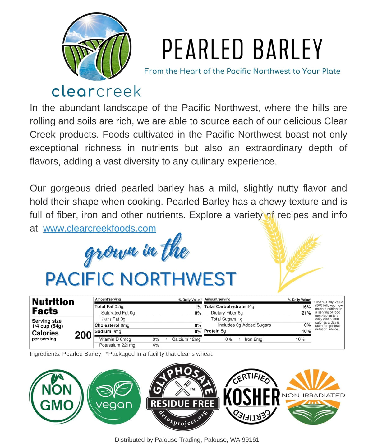 Vegan kosher certified Pearl Barley packaging communicates quality standards