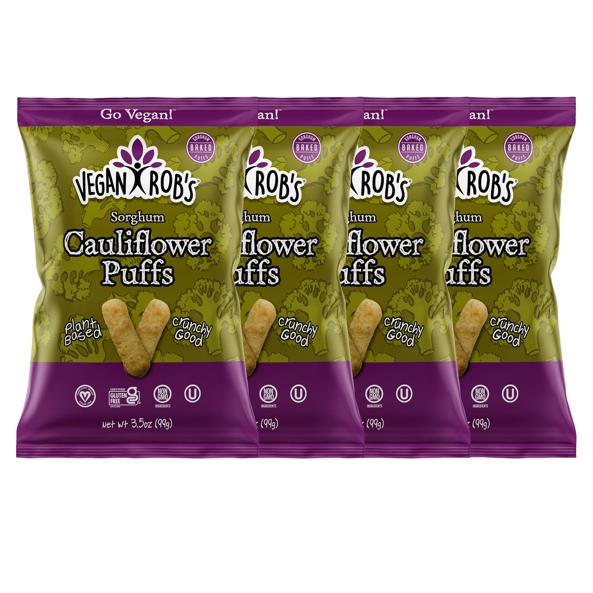 Vegan Rob's Cauliflower Puffs pack shown, gluten-free plant-based snack for on-the-go