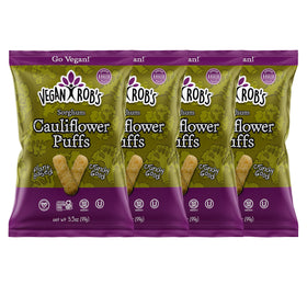 Vegan Rob's Cauliflower Puffs pack shown, gluten-free plant-based snack for on-the-go