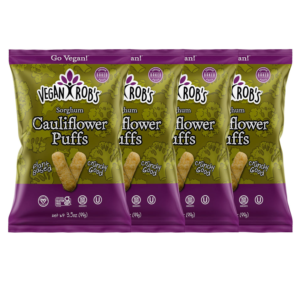 Vegan Rob's Cauliflower Puffs pack shown, gluten-free plant-based snack for on-the-go