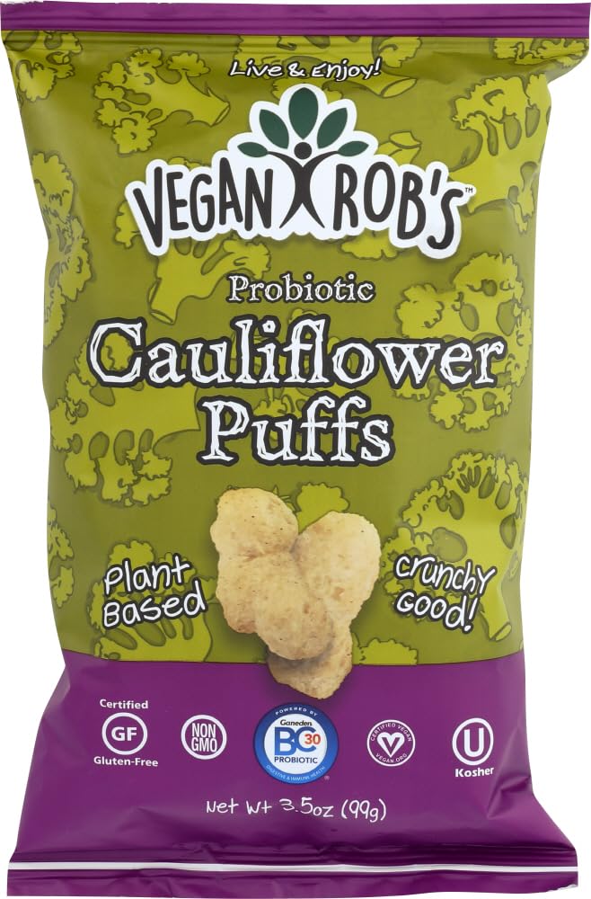 Vegan Rob's Cauliflower Puffs packaging display, gluten-free and vegan.
