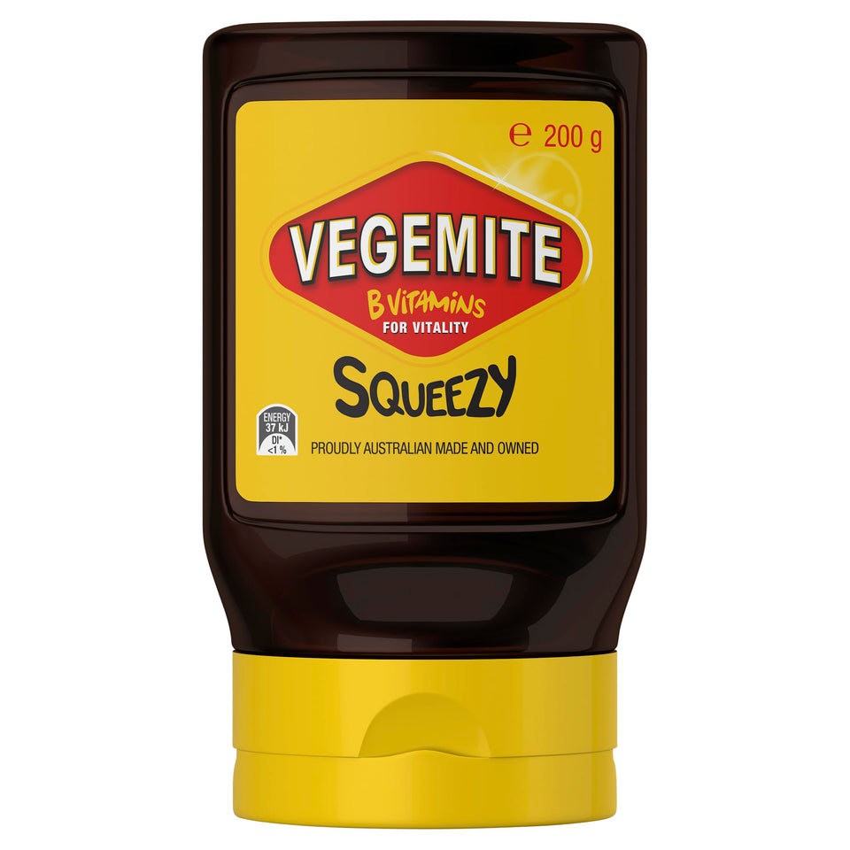 Vegemite Squeezy bottle on toast, quick breakfast option with savory flavor.