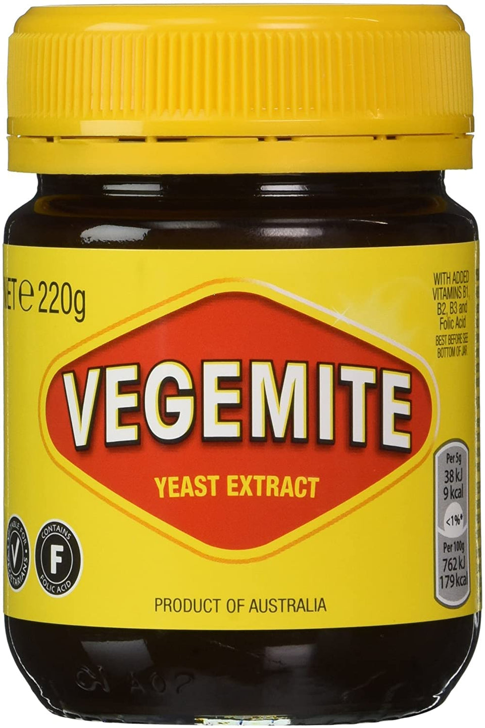 Vegemite yeast extract 220g jar highlights Vitamin B richness for daily energy