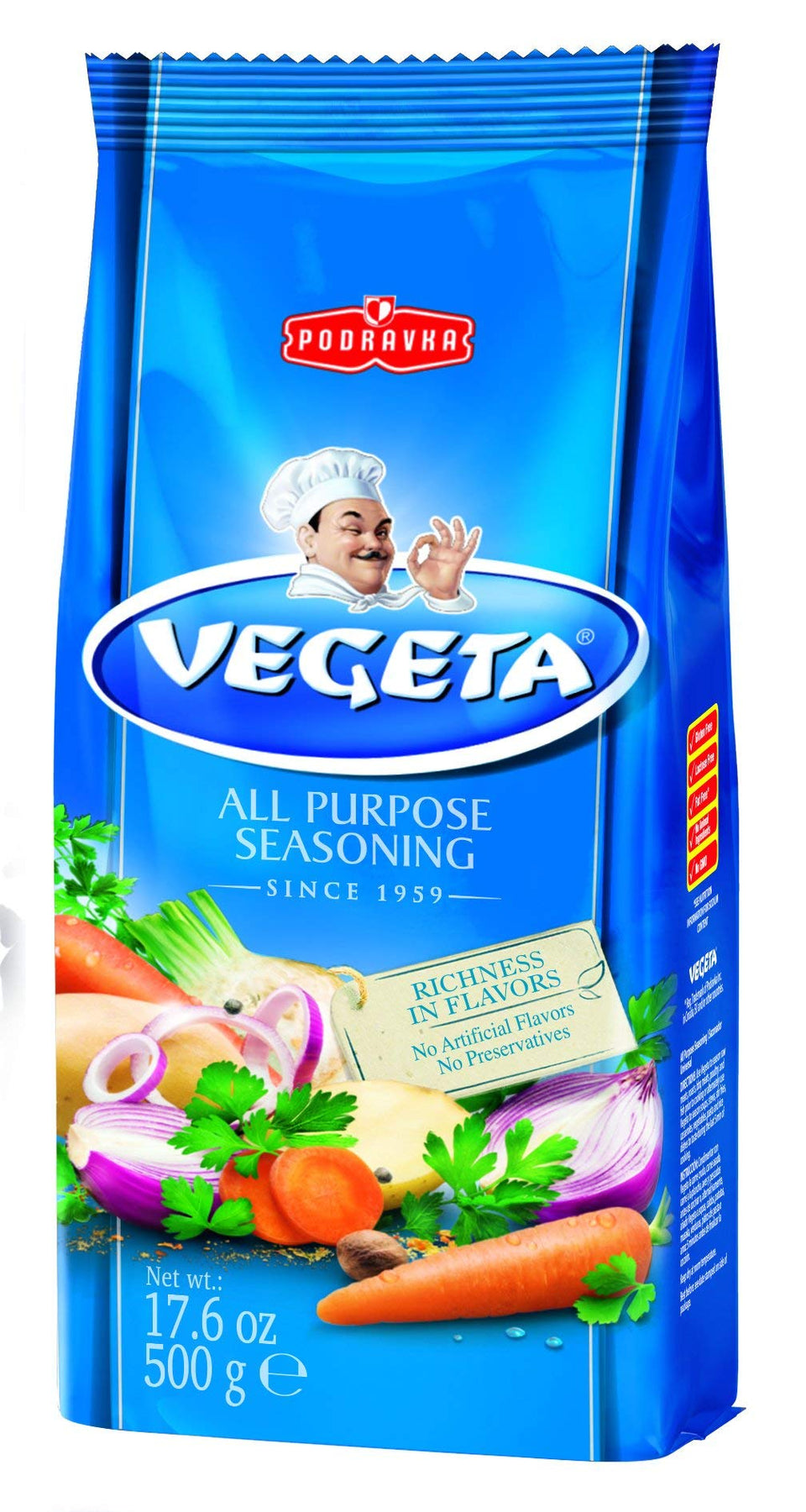 Vegeta Gourmet All Purpose Seasoning No MSG bag enhances savory meals with balanced flavor for soups.