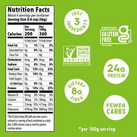Nutrition label showing 24g protein per serving and 8g fiber.