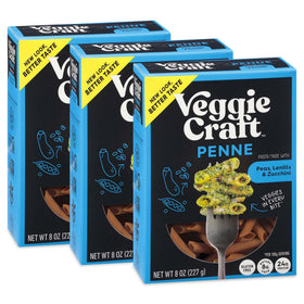 Veggiecraft Farms Penne Pasta pack shows plant-based, gluten-free dinner option.
