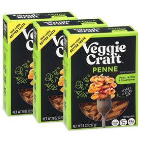 Veggiecraft Farms Penne Pasta Pack shows high-protein, gluten-free ingredients for balanced meals.