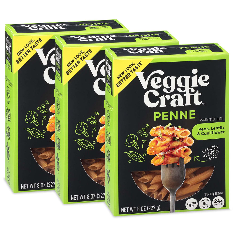 Veggiecraft Farms Penne Pasta Pack shows high-protein, gluten-free ingredients for balanced meals.