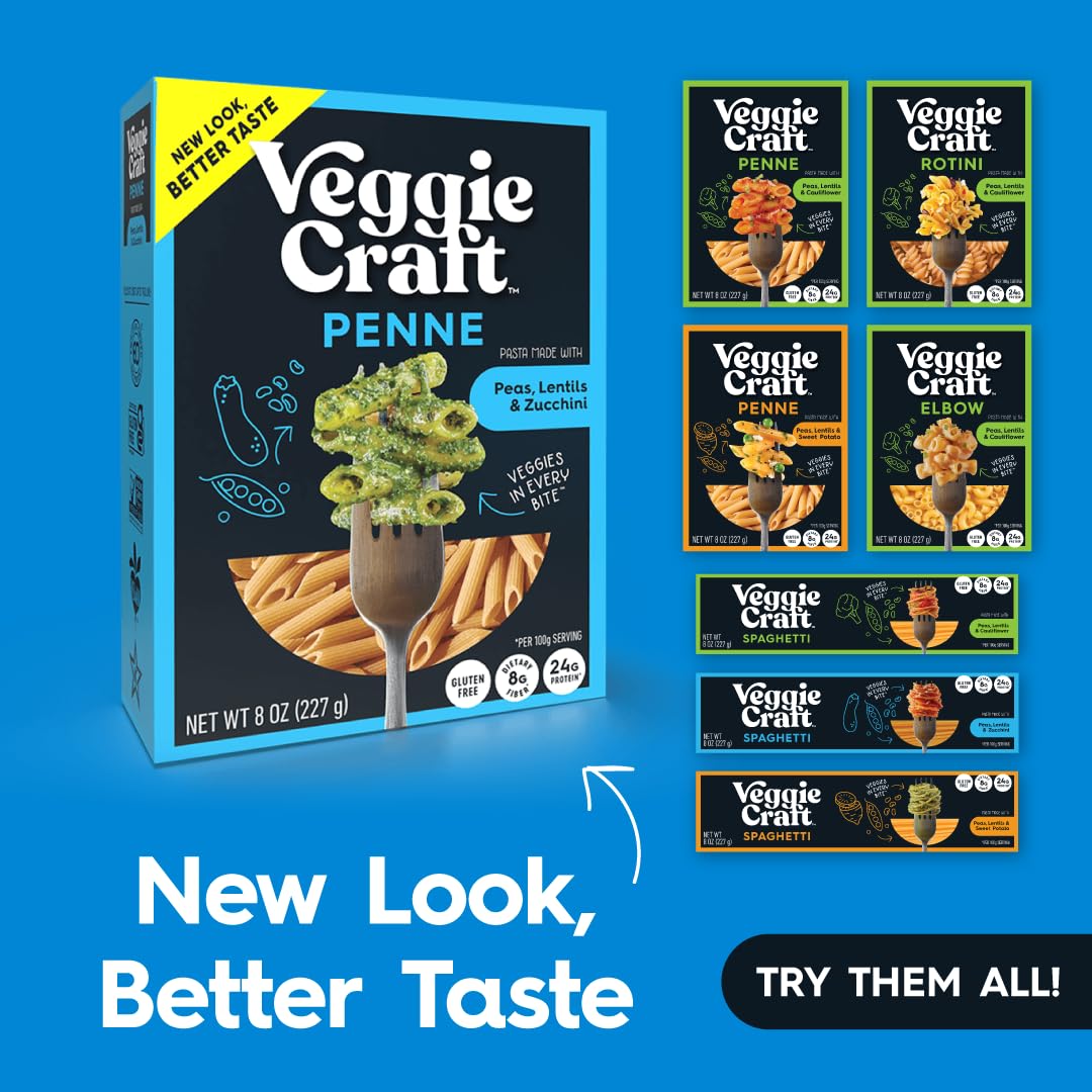 Veggiecraft Farms Penne Pasta served on a colorful plate.