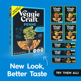 Veggiecraft Farms Penne Pasta served on a colorful plate.