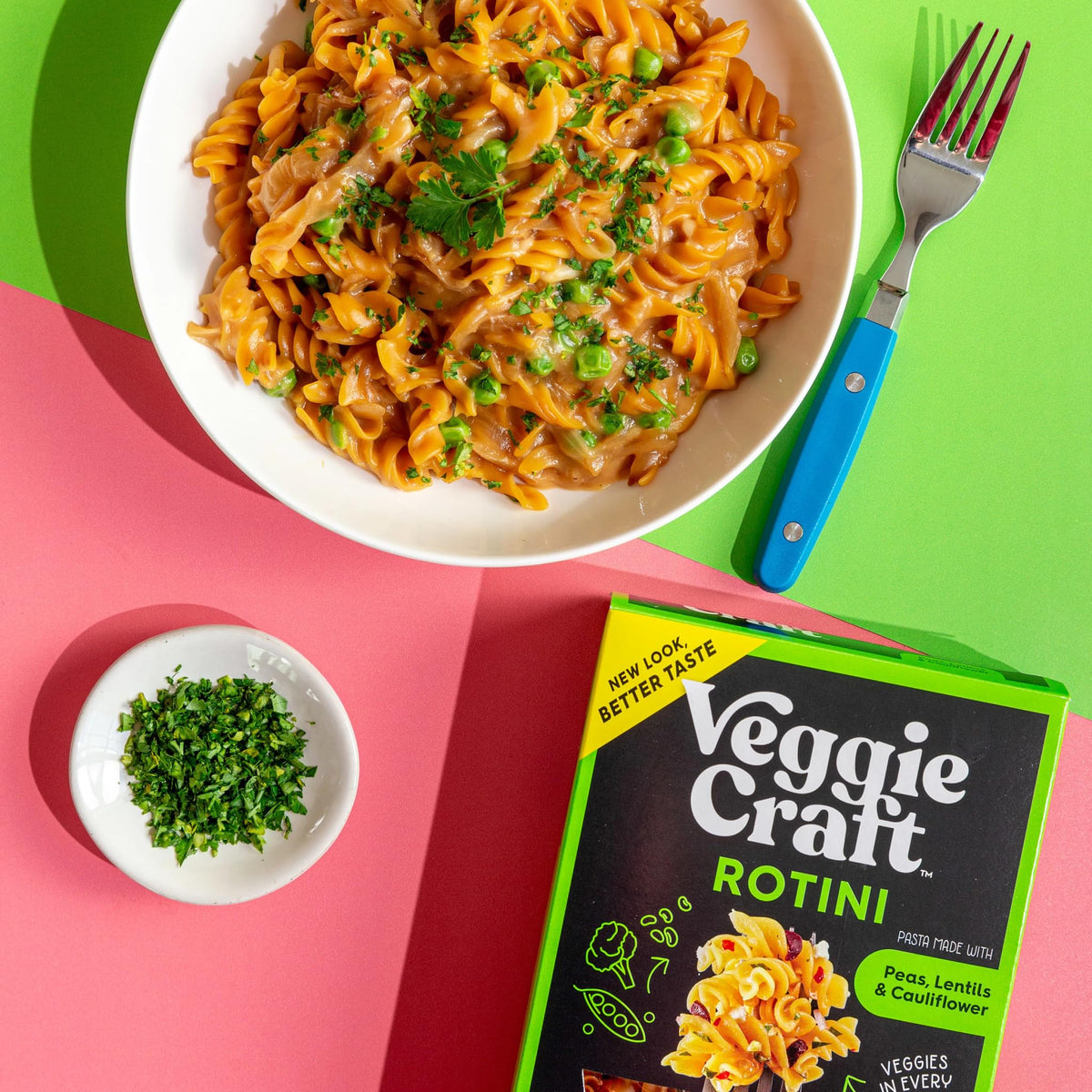 Hero shot of vibrant pasta with veggies featuring Veggiecraft Farms.