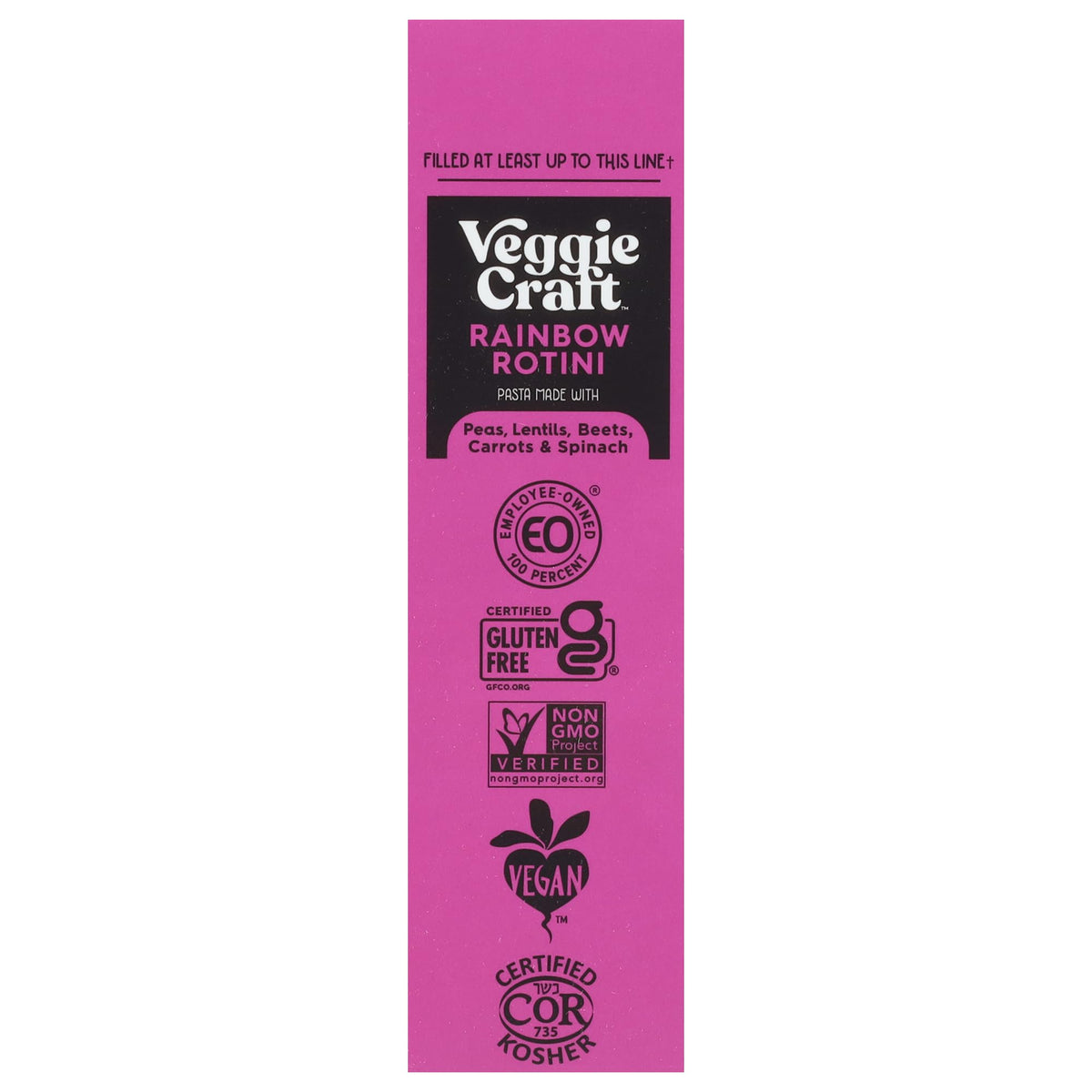 Gluten-free label on Veggiecraft rainbow rotini packaging
