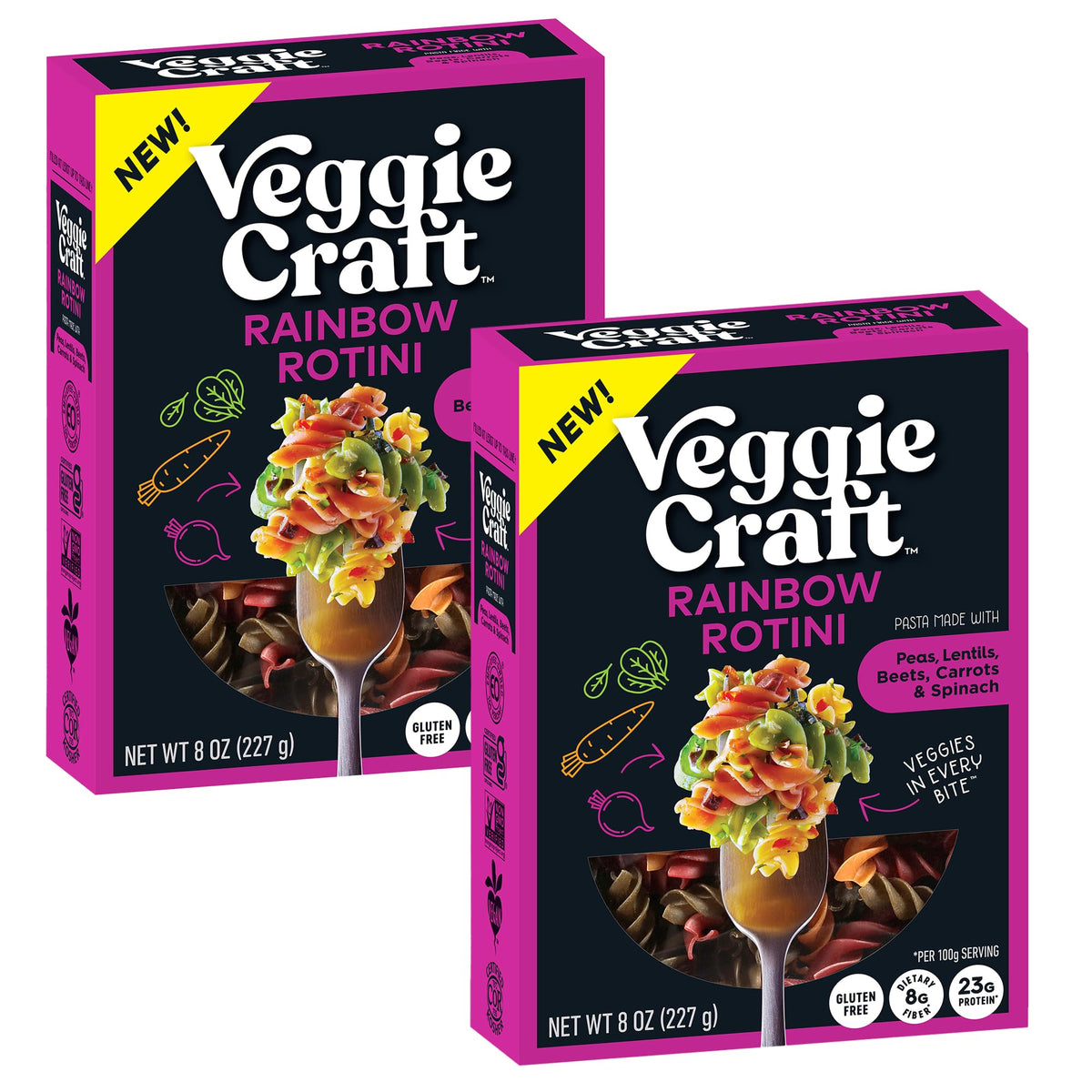 Veggiecraft Farms Rainbow Rotini pack showing gluten-free pasta and vibrant colors