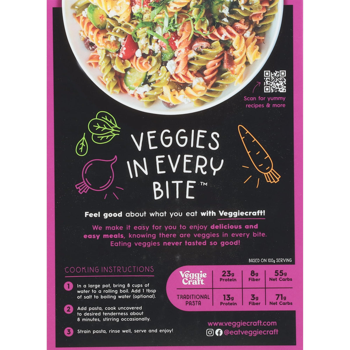 Protein-focused Veggiecraft Rainbow Rotini highlighting 23 g protein per serving