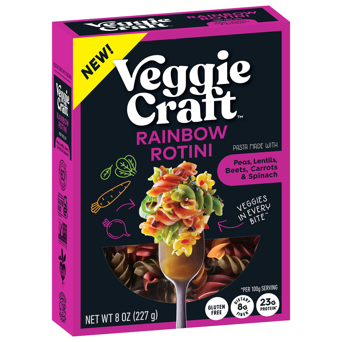Uncooked rainbow rotini by Veggiecraft Farms ready for quick weeknight meals
