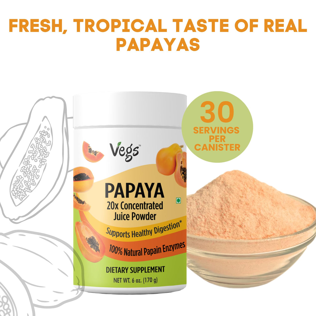 Spoon measuring Vegs papaya juice powder for precise dosing in recipes
