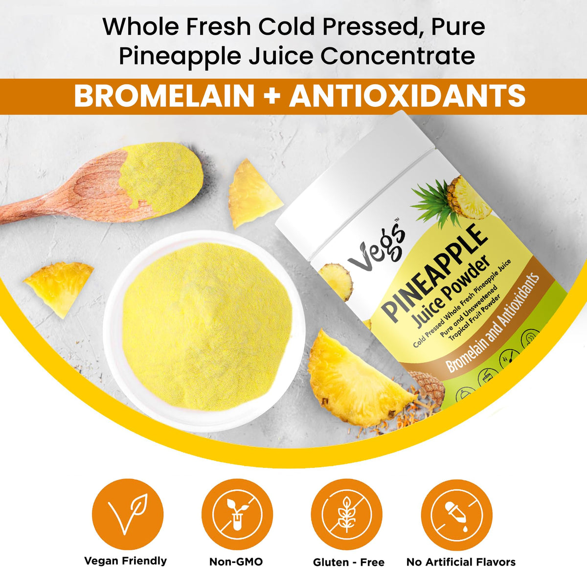 Organic pineapple powder bag label from Vegs emphasizes non-GMO and gluten-free.