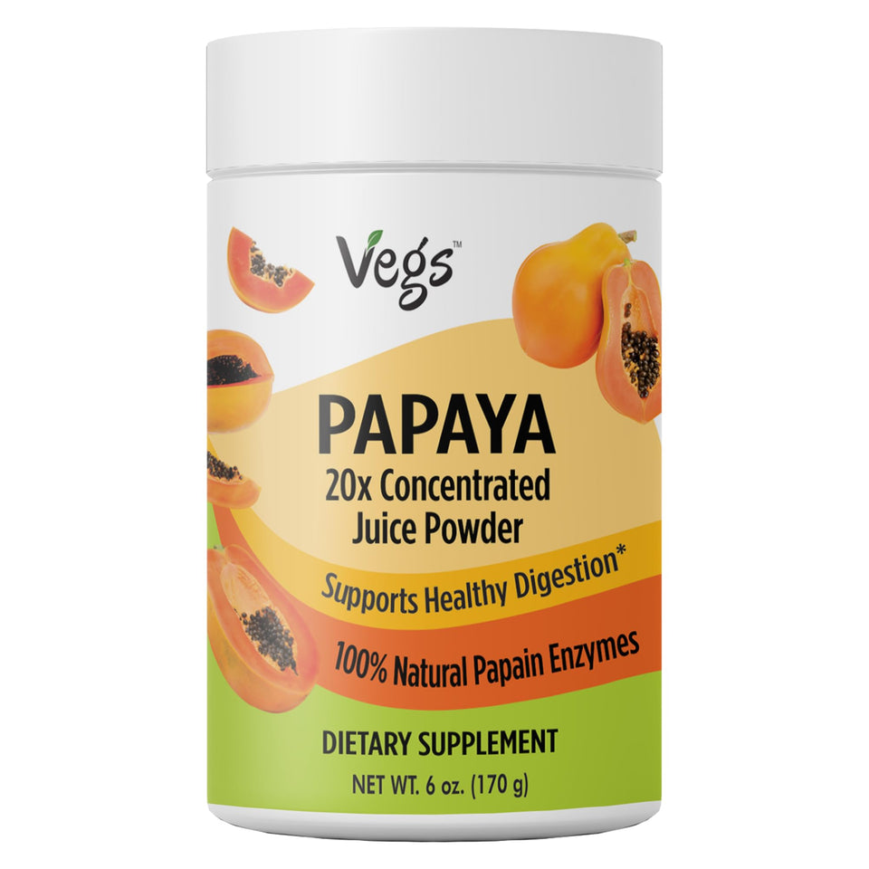 Vegs Papaya juice powder bottle front highlighting convenient digestion support