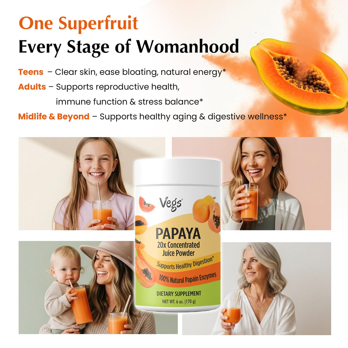 Label close-up: Vegs Papaya powder, sugar-free option for clean eating