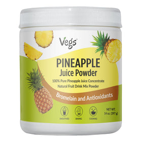 Vegs Pineapple Juice Powder bottle front, showcasing organic, sugar-free pineapple powder.