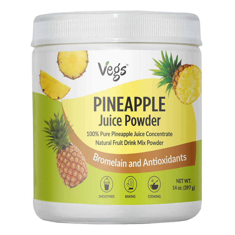 Vegs Pineapple Juice Powder bottle front, showcasing organic, sugar-free pineapple powder.