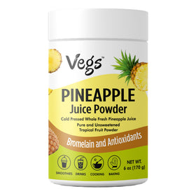 Vegs Pineapple Juice Powder bottle and scoop highlight organic vegan ingredients for smoothies.