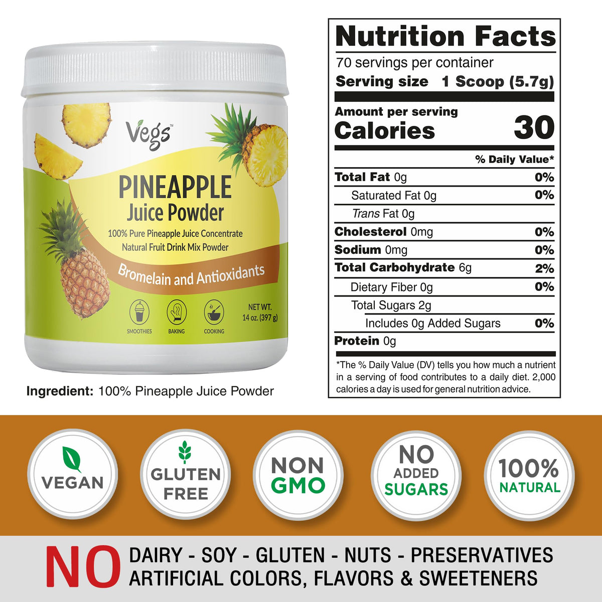 Vegs Pineapple Juice Powder scoop ready to pour into a glass for smoothies.