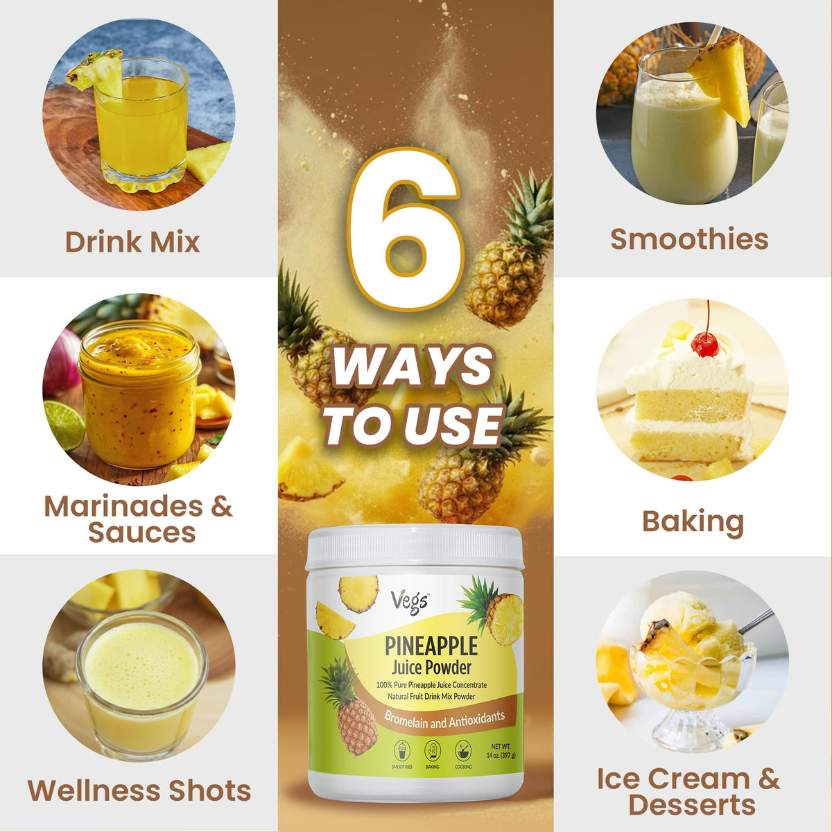 Vegs Pineapple Powder being poured into a blender for a vibrant smoothie.