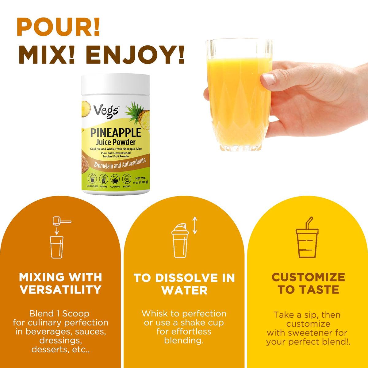 Close-up of Vegs pineapple powder highlighting bromelain-rich fruit content.