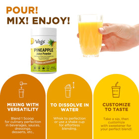 Close-up of Vegs pineapple powder highlighting bromelain-rich fruit content.