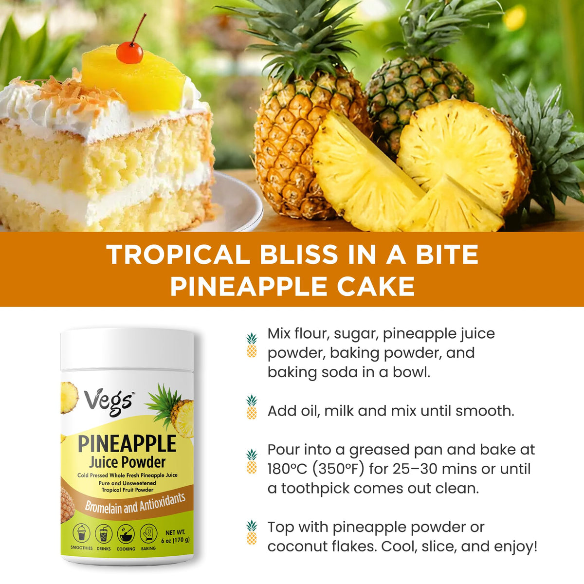 Pineapple powder ingredients panel showing whole fruit origin.