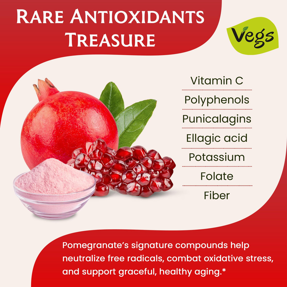 Vegs Pomegranate Juice Powder glass with pink drink highlights antioxidant-rich refreshment.