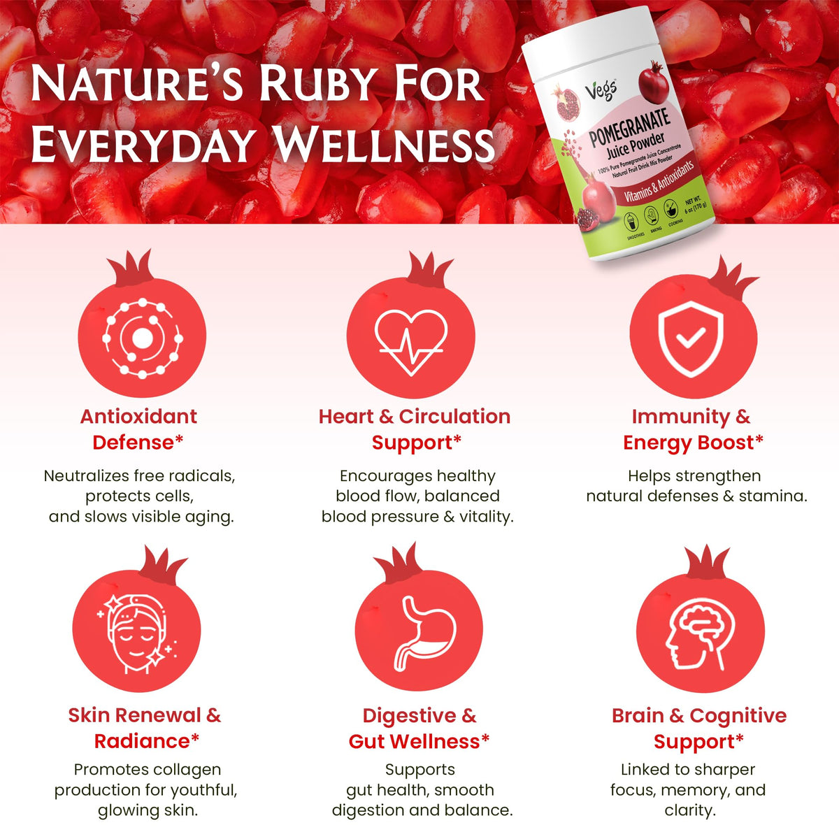 Vegs Pomegranate Juice Powder added to smoothies for antioxidant-friendly flavor.