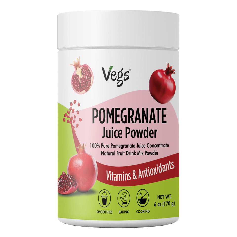 Vegs Pomegranate Juice Powder packaging emphasizing organic, freeze-dried fruit.