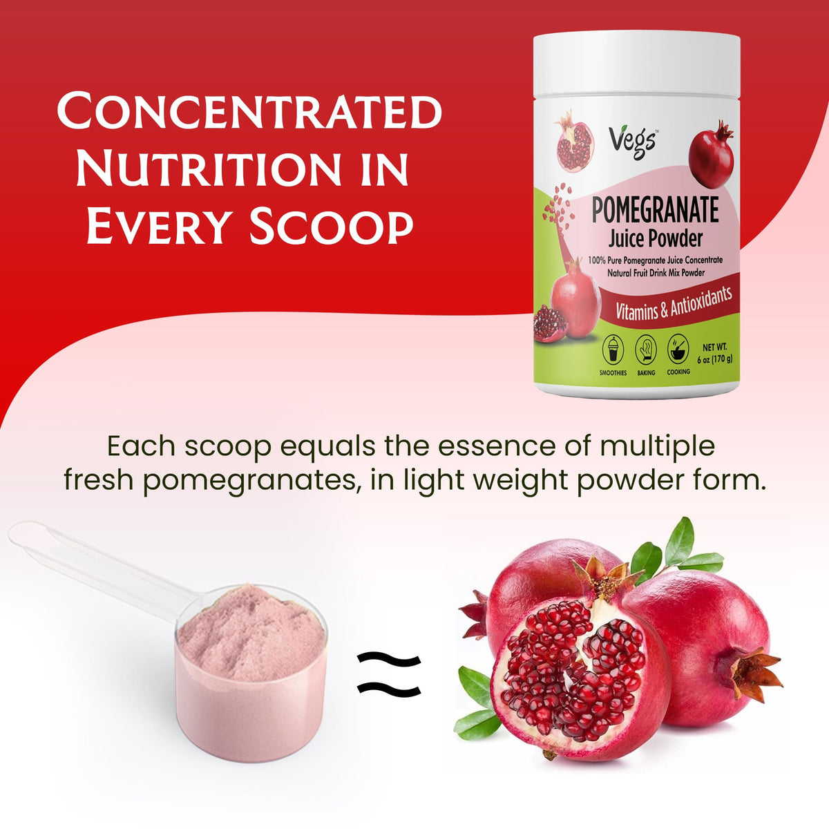 Vegs Pomegranate Juice Powder scoop beside jar for easy measuring.