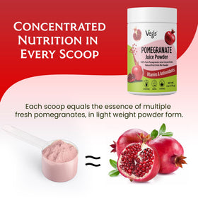 Vegs Pomegranate Juice Powder scoop beside jar for easy measuring.