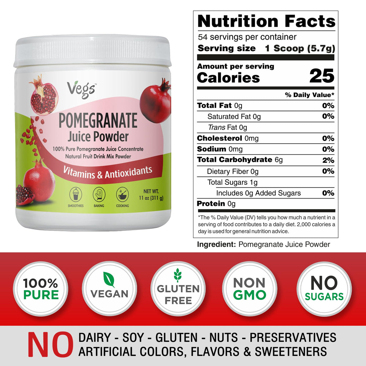 Vegs Pomegranate Powder close-up shows unsweetened tropical fruit powder.