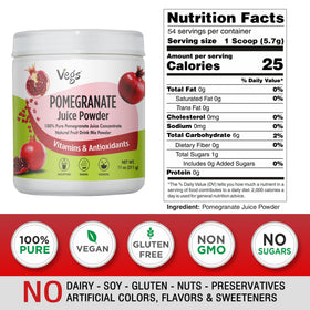 Vegs Pomegranate Powder close-up shows unsweetened tropical fruit powder.