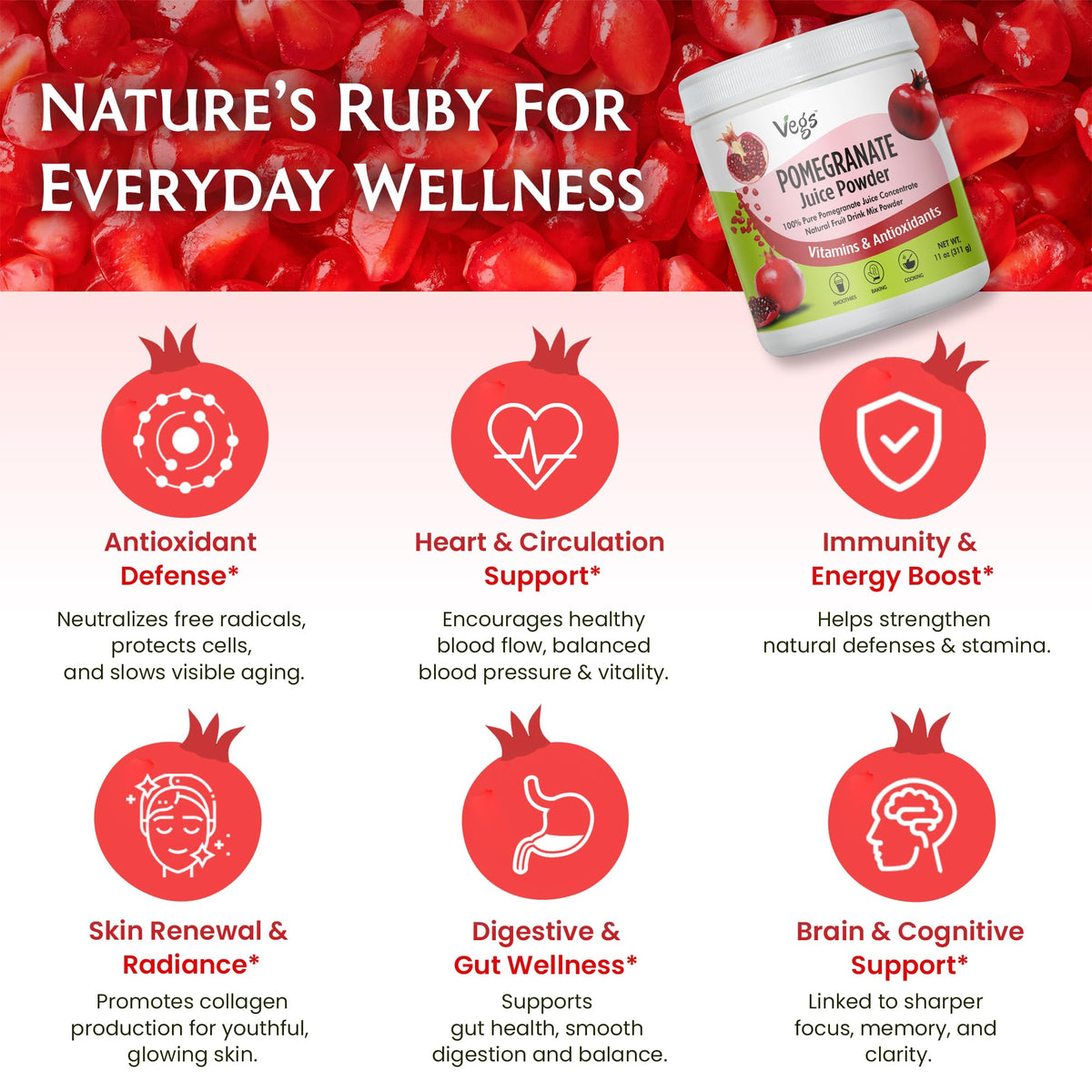 Vegs Pomegranate Juice Powder packaging emphasizes organic, non-GMO, vegan ingredients.