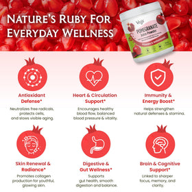 Vegs Pomegranate Juice Powder packaging emphasizes organic, non-GMO, vegan ingredients.