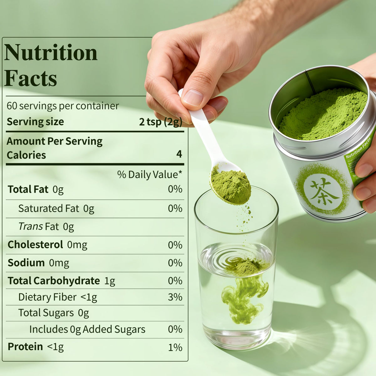 Close-up of VEILUX matcha powder showing vibrant green color for smoothies